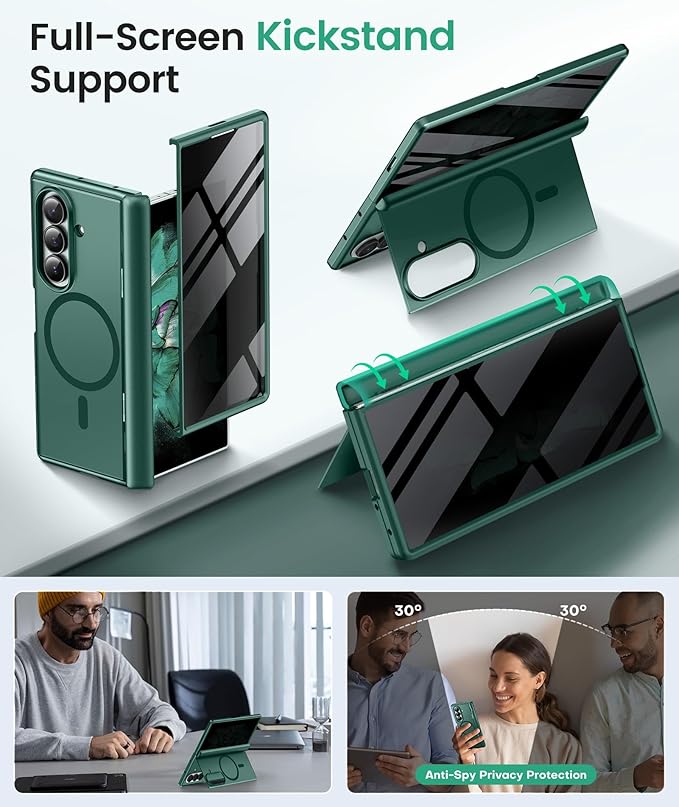 BERFY for Samsung Galaxy Z Fold 7 Case with Privacy Screen Protector, [Compatible with MagSafe][Anti Spy] Built-in Hidden Kickstand, Full-Body Shockproof Slim Phone Case for Z Fold 7, Green