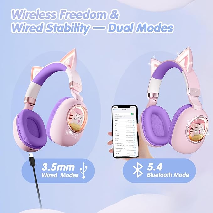 esonstyle Kids Headphones Cat Ear - Bluetooth 5.4 Over-Ear Noise Cancelling Headphones with Microphone LED Lights Up 85dB Safe Volume Limit Wireless or 3.5mm Wired USB C (Pink Purple)