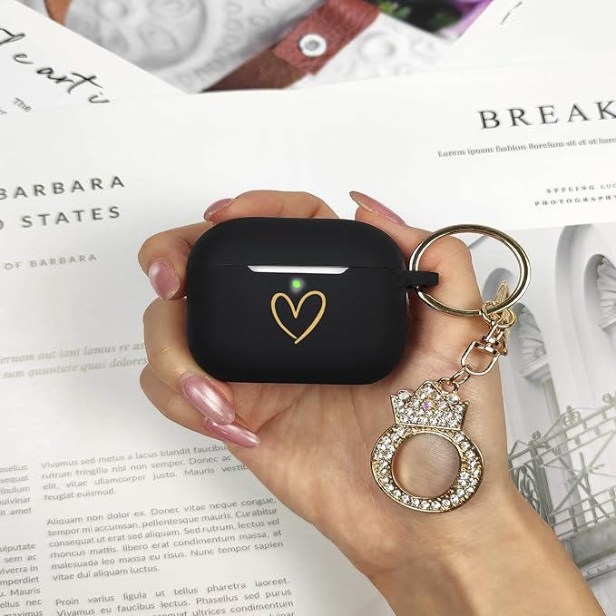 Compatible with AirPods Pro 3 Case Cover (2025), Soft Silicone Case with Gold Heart Pattern for AirPods Pro 3rd Generation Case with Rhinestone Studded Letter A-Z Keychain (O Black)