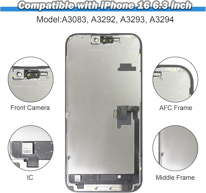 EFAITHFIX for iPhone 16 Pro Screen Replacement 6.3 Inch LCD COF 3D Touch Display Full HD Digitizer Frame Assembly (A3083,A3292,A3293,A3294) with Repair Tools Kit, Screen Protector, Waterproof Adhesive