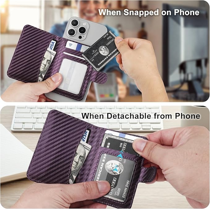 Bocasal for MagSafe Wallet Magnetic Card Holder, RFID Blocking Leather Card Slots for iPhone 17/16/15/14/13/12 Pro/Max/Plus/Air, Adjustable Kickstand Flip Mag Safe Wallet (Carbon Filber Purple)