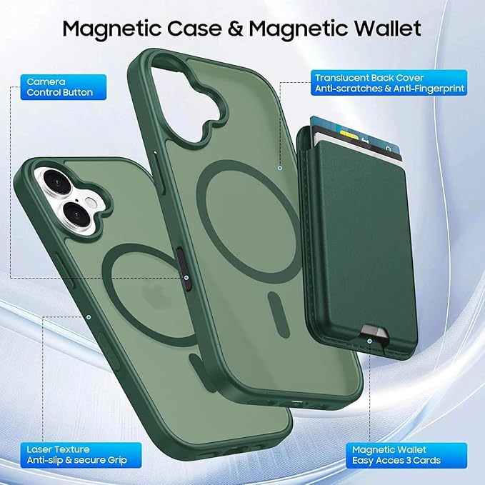 Magnetic for iPhone 16 Case with Detachable Wallet, Compatible with MagSafe, Credit Card Holder with Slim Shockproof Protective Phone Cover, Green