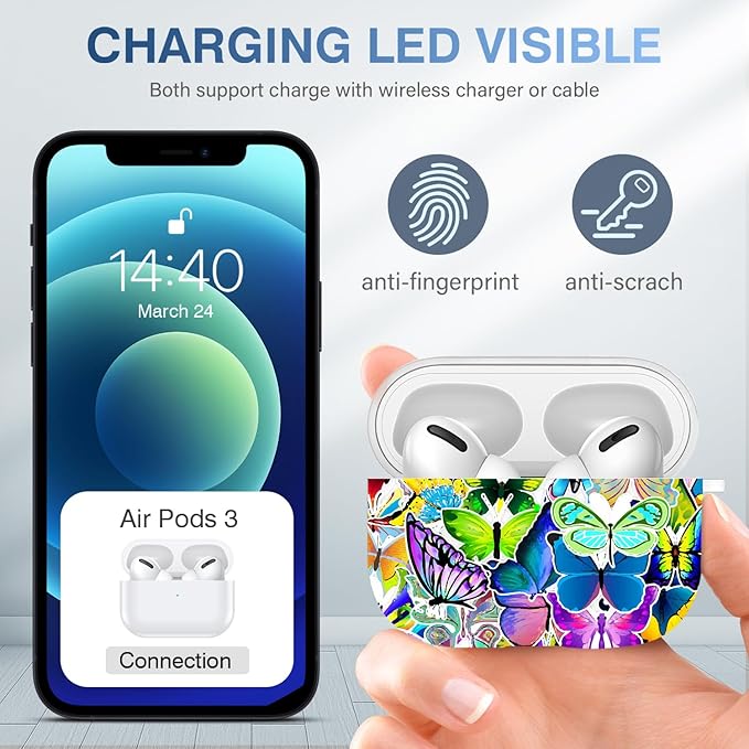 Maxjoy Compatible with AirPods Pro Case Cover, Cute Flowers Soft Protective for AirPod Pro 2019 Charging Case,Purple Green Butterfly Lanyard