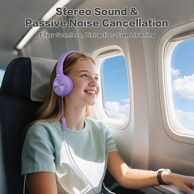 SIMOLIO Wired Headphones for Kids, Girls School Headphone with Microphone & Safe Volume Limiter & Share Port, Foldable Adjustable Over Ear Headsets for Tablet Travel Teens Smartphone (Purple)