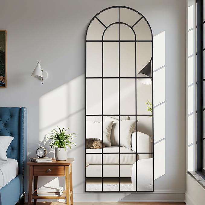 Arched Windowpane Mirror Full Length 71"x30" Wall Mounted Black Art Pane Farmhouse Decorative Floor Mirror Leaning Hanging Wall Mirror for Bedroom Living Room Entrance