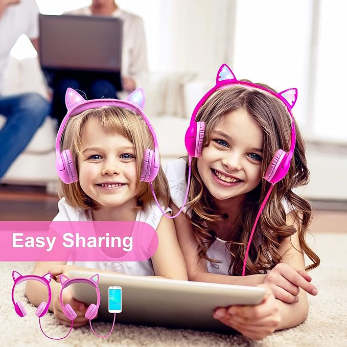 Olyre Girls Headphones with LED Light Up Cat Ears and Sharing Port 85db Volume Limited Kids Headphones,On-Ear LED Children Earphones for School Learning Travel - All Pink