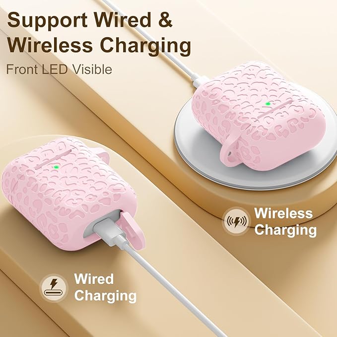 for Airpods Case 2nd&1st Cover,Soft Silicone Leopard Compatible with Apple AirPods 2nd/1st Generation Charging with Keychain,Shockproof for AirPod Case,Front LED Visible,Lightpink