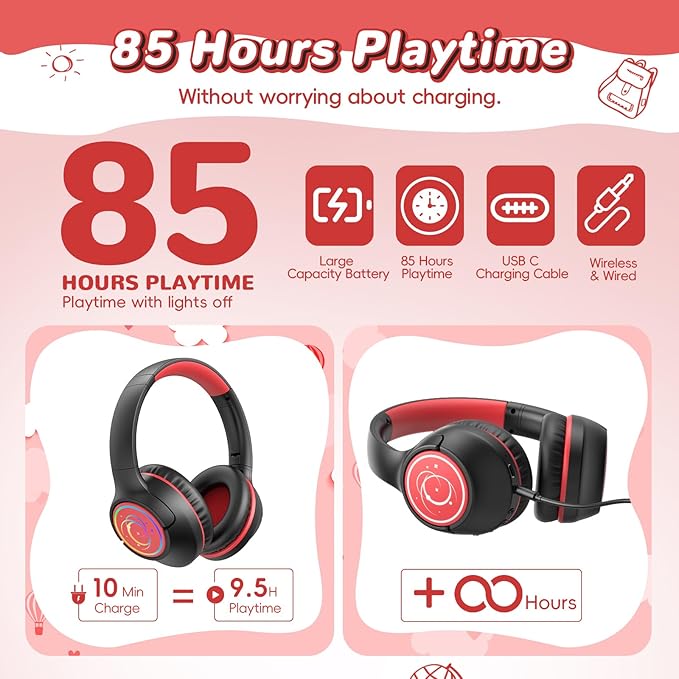 Kids Bluetooth Headphones, 85H Playtime Wireless Headphones for Kids, Colorful LED Lights, 85/94dB Safe Volume Limit, Bluetooth 5.4 Built-in Mic Toddler Headset for Tablet/Airplane/Travel (Black）