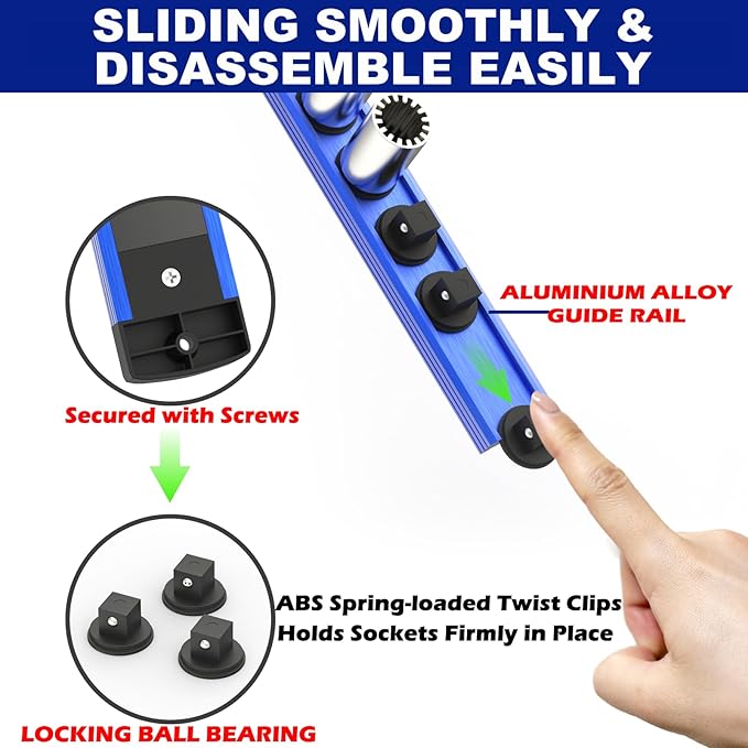 Magnetic Socket Holder Organizer, 6-Piece Set Aluminum Alloy Socket Rail for Tool Box Drawer, 360° Swivel Sockets Rack with 80 Clips for 1/2, 3/8, 1/4-Inch