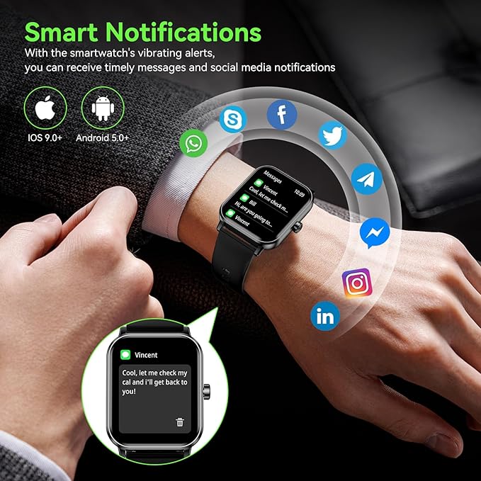 Smart Watch, 1.85" HD Fitness Tracker with Bluetooth Calls, 5 ATM Waterproof, 24/7 Heart Rate/Sleep Monitor, Pedometer, Calories, 130+ Sport Modes, Smartwatch for iOS Android (Black)