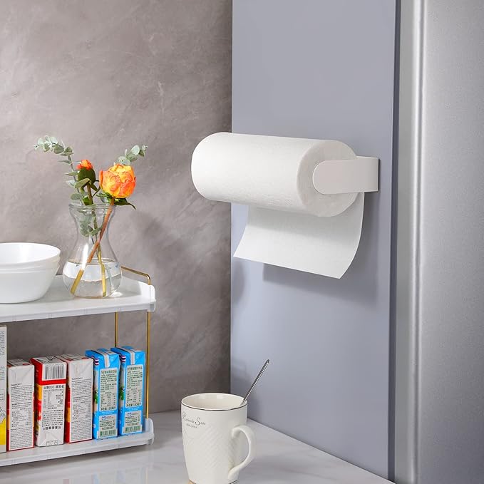 YIGII Adhesive Paper Towel Holder Under Cabinet - Stainless Steel Paper Towel Rack Stick on Wall Mount for Kitchen, White