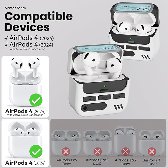 (with Safety Lock) Pager Cases for AirPods 4 Case Cover 2024 with Cleaner Kit,Sturdy Hard PC Protective for Apple AirPods 4th Generation Case for Men Women,AirPods 4 Accessories with Keychain-White