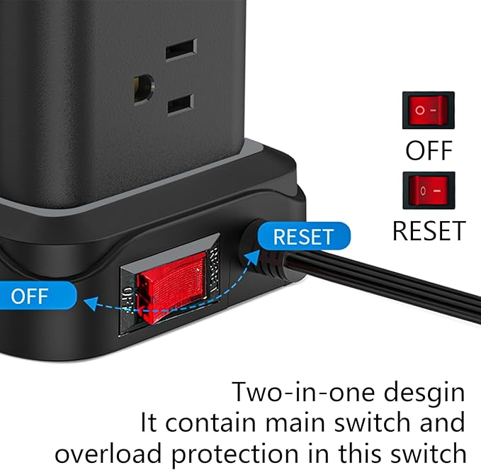 Power Strips with Surge Protection, PASSUS 6FT Flat Extension Cord with Multiple Outlets, 16AC Outlets Tower with 4 USB Ports(2 USB C) Charging Station Tower for Home Office Dorm