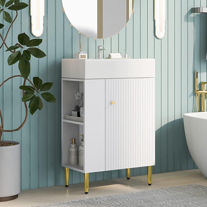 Favfurish 21.6" Bathroom Vanity with Rectangle Ceramic Vessel Sink Combo,Freestanding Left Side Storage Cabinet W/Soft-Close Doors,Assembled Quickly,for Small Spaces,White