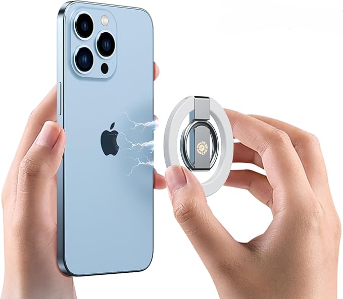 White Minimalist Magnetic Phone Ring Holder Ultra-Slim Kickstand iPhone 11-17 Pro Max Samsung Galaxy Pixel Anti-Drop Grip 360° Adjustable Finger Loop Wireless Charging Compatible Lightweight