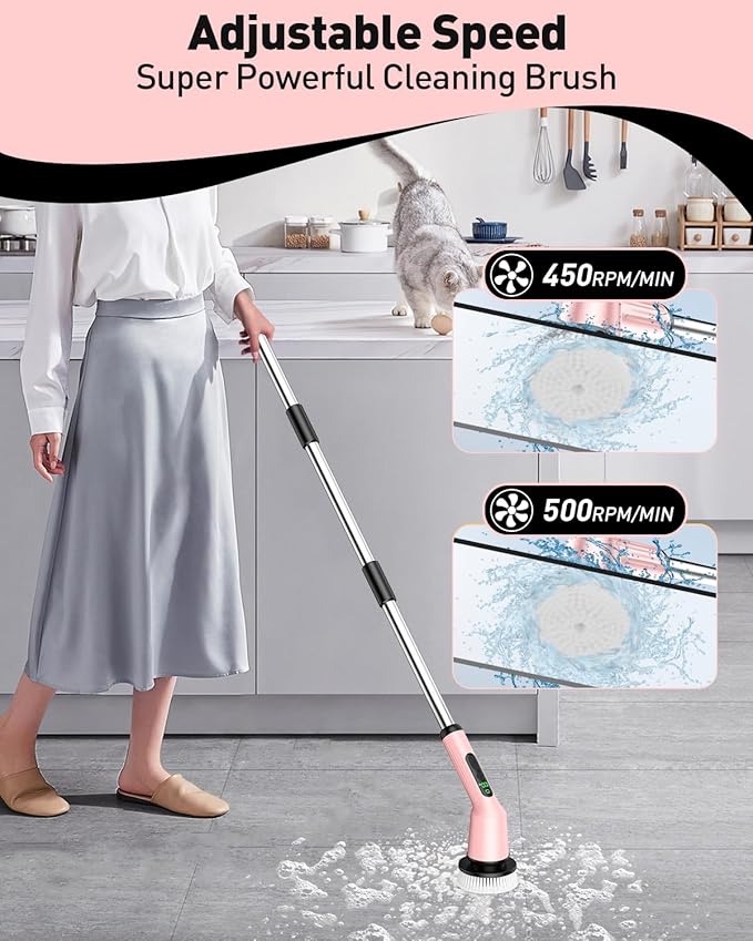 Electric Spin Scrubber for Cleaning Bathroom, Shower Scrubber Cordless Cleaning Brush with IPX7 Waterproof & 2 Speed, 3 Brush Heads, Bathroom Cleaning Supplies for Shower Tub Kitchen Tile Toilet Pink