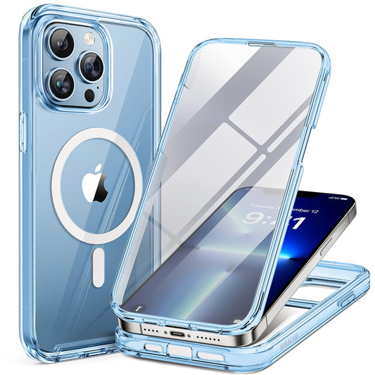 Miracase Magnetic for iPhone 13 Pro Max Case 6.7 inch, (Compatible with MagSafe) Upgrade Full-Body Clear Phone Bumper Case with Built-in 9H Tempered Glass Screen Protector, Magnetic Clear Blue