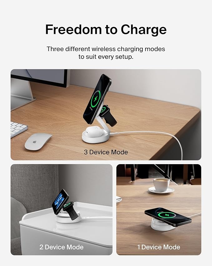 Belkin MagSafe Charger Compatible, 3-in-1 Qi2 15W Wireless Charging Station, Convertible Wireless Charger for iPhone 17, Apple Watch, AirPods, Pixel 10, Phone Stand for Travel w/ 36W Adapter - White