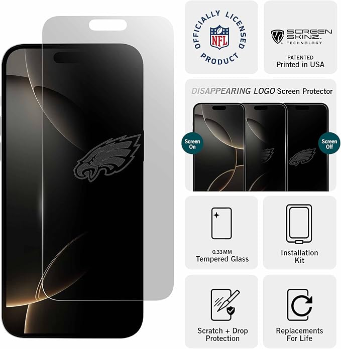 NFL Philadelphia Eagles Clear Screen Protector for iPhone 14 Pro - with Disappearing Logo - Scratch-Resistant and Easy-to-Install Screen Protectors (Includes Installation Tray)