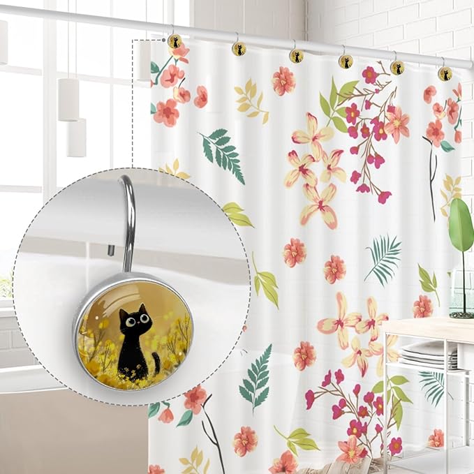 12 Packs Cute Cat in the Flowers Shower Curtain Hooks, Stainless Steel Glass Shower Curtain Rings for Bathroom Decor, Metal Rustproof Curtain Rod Hooks