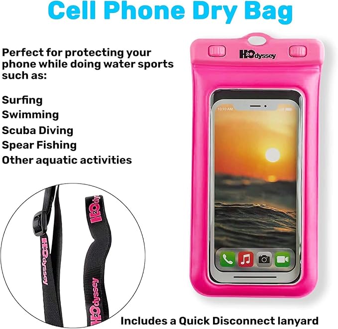 H2ODYSSEY Waterproof Phone Case and Lanyard - Excellent Waterproof Protection - Floats in The Water -Lanyard for Beach Kayak Travel - Universal Size - Pink