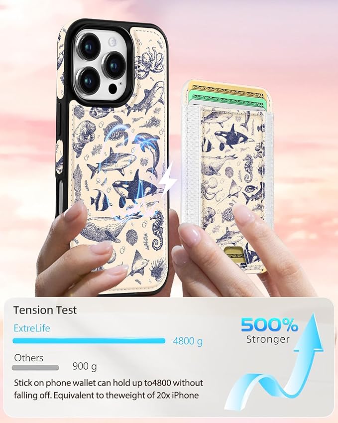 Shorogyt for iPhone 16 Pro Max Case Wallet - Fits 5 Cards, Compatible with Magsafe Detachable Magnetic Credit Card Holder Leather Cardholder Cute Phone Cover Women Girls for Apple 16 ProMax, Sea