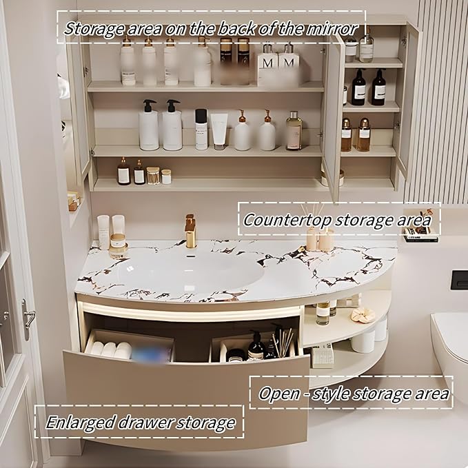 40IN Floating Bathroom Vanity, Wall Mounted Wood Sink Cabinet with Smart Sensor LED Light Strip & Open Style Side Cabinet | LED Lights & Defogging Function, Single Sink Vanities Set (Beige)