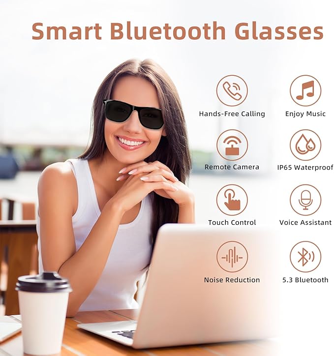 Smart Glasses for Men & Women, Bluetooth Glasses with Speakers, UV400 Polarized Lenses, Open Ear Sound, Music/Call, Touch Voice Assistant, Smart Bluetooth Sunglasses for Driving Traveling