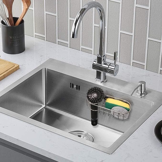 Sink Sponge Holder, Magnetic Kitchen Sink Caddy Holder, 304 Stainless Steel Sink Brush Holder+Sponge Holder, Two Suspension Modes, Sink Drain Frame- Silver (Traceless suction cup)