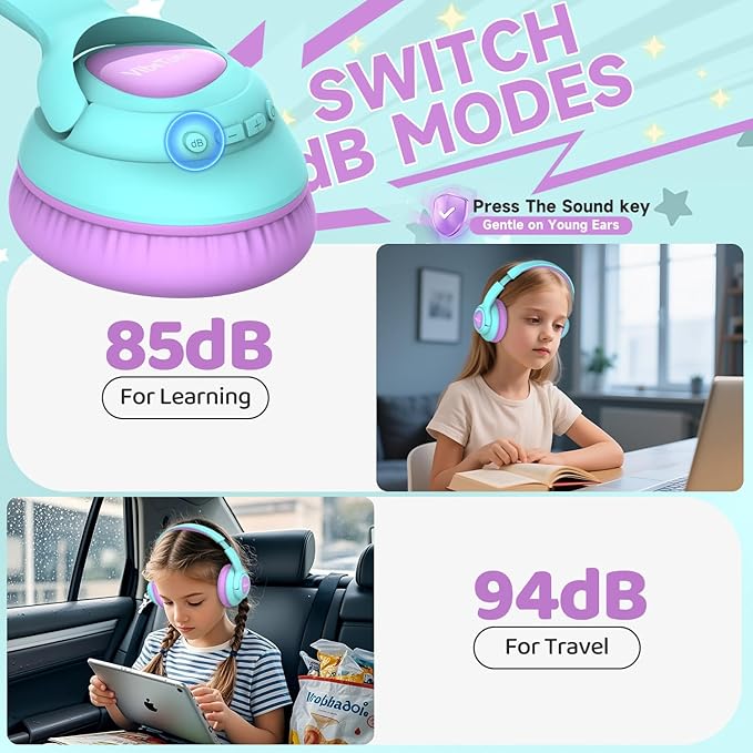 VibeTune Kids Bluetooth Headphones, 60H Playtime, Volume Limited 85/94dB, Bluetooth 5.4, Type-C Fast Charging, Foldable Wireless Headphones for Kids, Toddler Headsets with HD Mic-Purple
