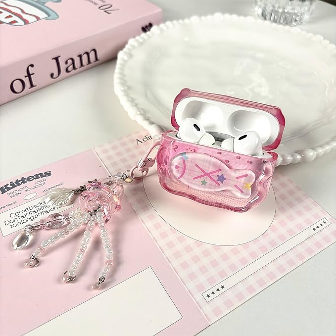 Compatible with AirPods Pro Case with Cleaner Kit, Cute Cartoon Fish Star Keychain Soft TPU Shockproof Cover for Airpods Pro 2nd/1st Generation -Pink