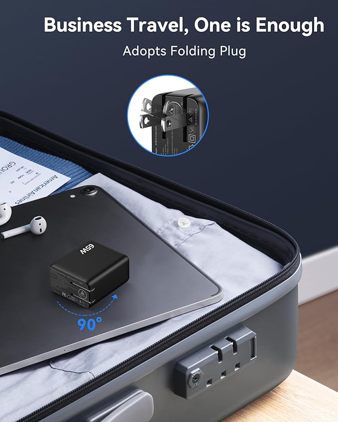 TECKNET USB C Fast Charger Block 65W PD 3.0 GaN Wall Charger,3-Port Foldable Travel Adapter for iPhone 16 Pro Max/16 Pro/16 Plus/16/15/Galaxy S24/S25/MacBook Pro/Switch and More Series(Black)