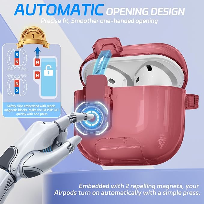 for AirPods 4 Case with Phone Stand & Safety Lock, Auto-Open Clear AirPod Case Compatible with Apple AirPods 4th Gen 2024, Anti-Scratch & Shockproof Protective Cover with Cleaning Kit & Keychain