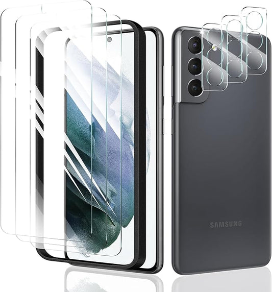 3*Screen Protector and 3*Camera Lens Protector for Samsung Galaxy S21 with a Installation Alignment Aid, Tempered Glass Film, [9H Hardness][Anti-Shatter][Anti-Scratch]