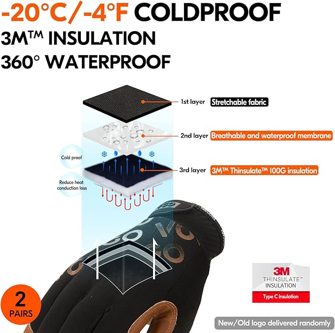 Vgo... 2-Pairs -4? or above 3M Thinsulate C100 Winter Warm Waterproof Light Duty Mechanic Glove, High Dexterity, Anti-abrasion, Rigger Glove (Size XL, Black&Brown, GA9603FW)