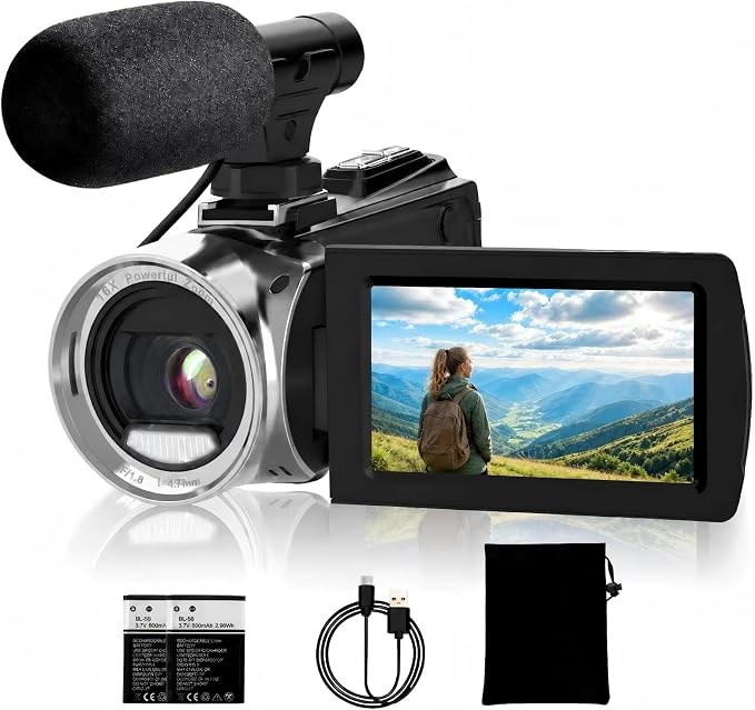 4K 48MP Video Camera for YouTube, Compact Camcorder with Microphone