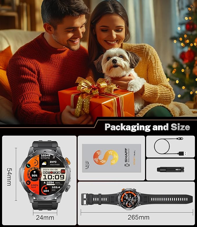 Military Smart Watches for Men-50 Days Battery/Flashlight/3 Straps,1.75'' IPS HD Display Fitness Watch,IP68 Waterproof Fitness Tracker with Heart Rate,Sleep Monitor,100+ Sports Modes,for iOS Android