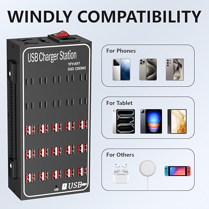 Multiple USB Charging Station, RUANSZZ 50 Port 250 Watt (50A) USB~C Charger Block with Power Switch, Multiple USB Desktop Charger Station, Suitable for Shops, Hotels, Schools, Shopping malls