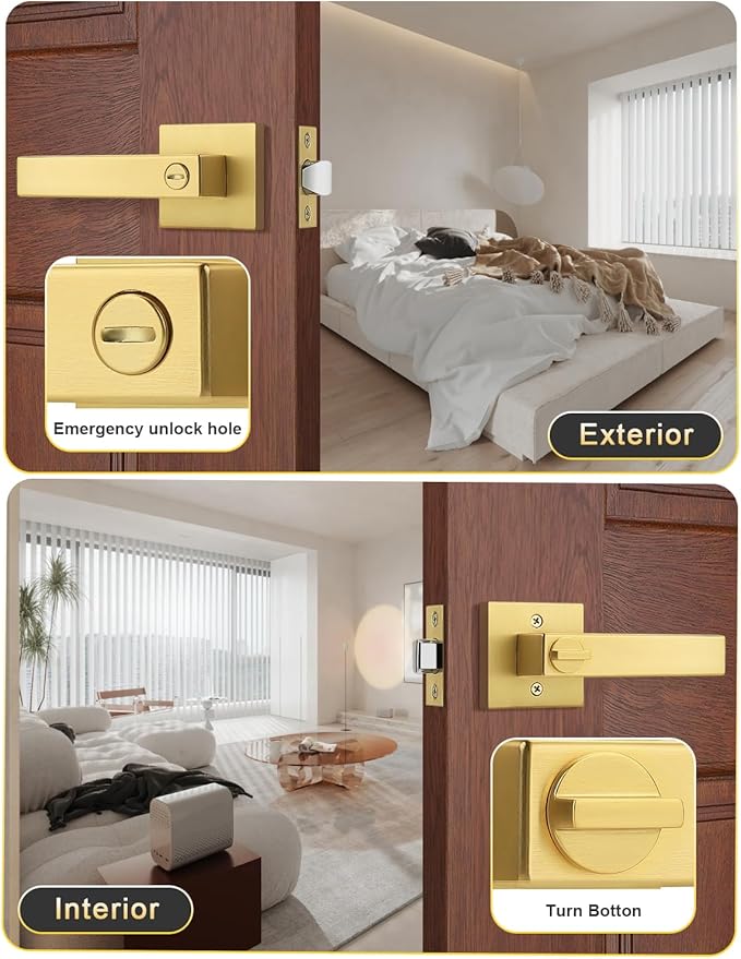 8 Pack Heavy Duty Gold Square Privacy Interior Door Levers, Satin Brass Finish, Bedroom and Bathroom Door Handles Keyless Bed/Bath Lockset