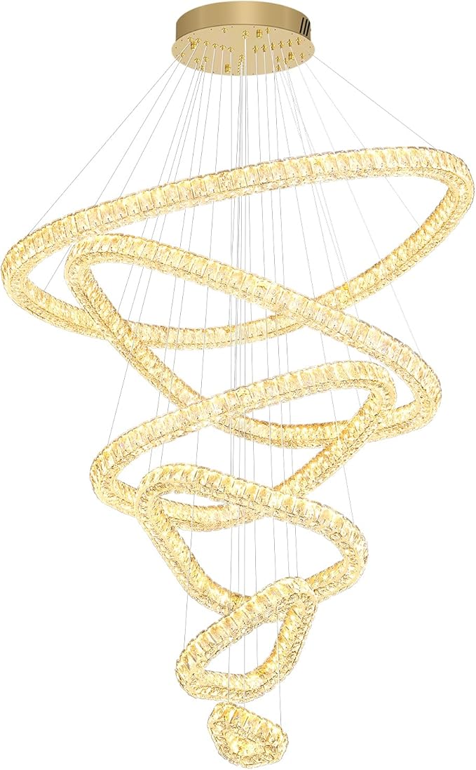 Flashing God Modern 6 Ring Crystal Chandeliers for High Ceiling Large Foyer Chandeliers LED Dimmable Crystal Ceiling Light Fixtures for Entryway Living Room Staircase Gold