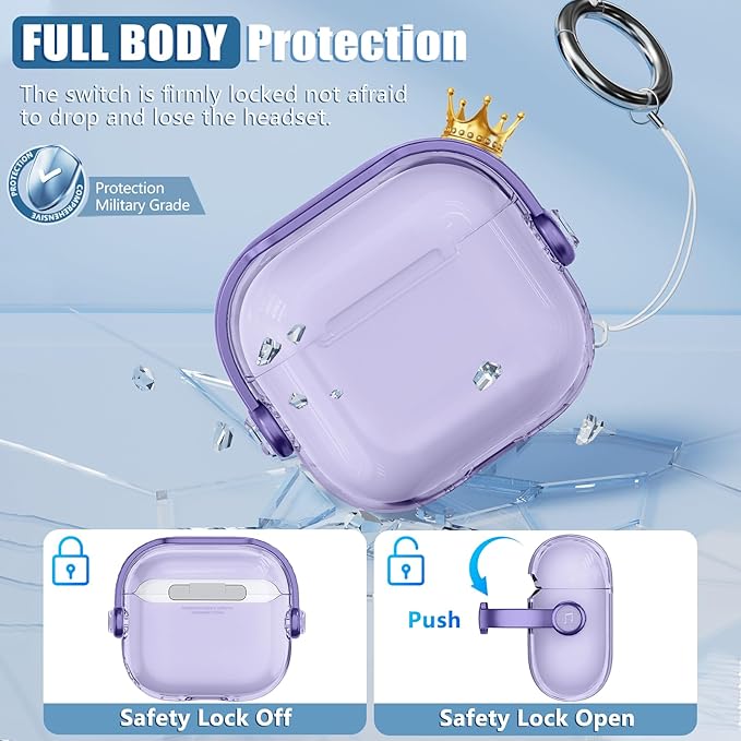 Safety Lock for Airpods 4 Case,TPU Clear Case for Apple Airpods 4 Case 2024 USB-C with Cleaner Kit, Drop Protection Airpods 4 Case Cover for Men for Women with Lock and Keychain, Clear Purple