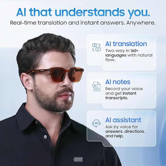 LIMU Gen 5 Smart Glasses, AI Glasses with Real-Time AI Interpreter - Open-Ear Bluetooth Glasses with Speakers, Volume & Touch Control, Wear-Sensor Auto On/Off, Brown TR90 Frame for Women & Men