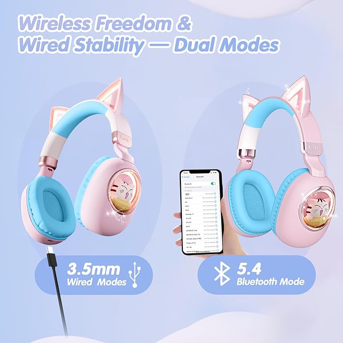 esonstyle Kids Headphones Cat Ear - Bluetooth 5.4 Over-Ear Noise Cancelling Headphones with Microphone LED Lights Up 85dB Safe Volume Limit Wireless or 3.5mm Wired USB C(Pink Blue)