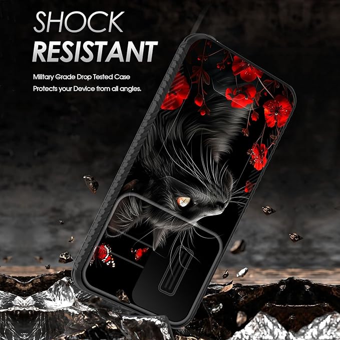 for Galaxy S24 FE Case Built in Slide Camera Lens Cover,Heavy Duty Shockproof Protection Dual Layer Case for Samsung Galaxy S24 FE 5G 6.7" 2024,Black Cat Flowers and Butterflies