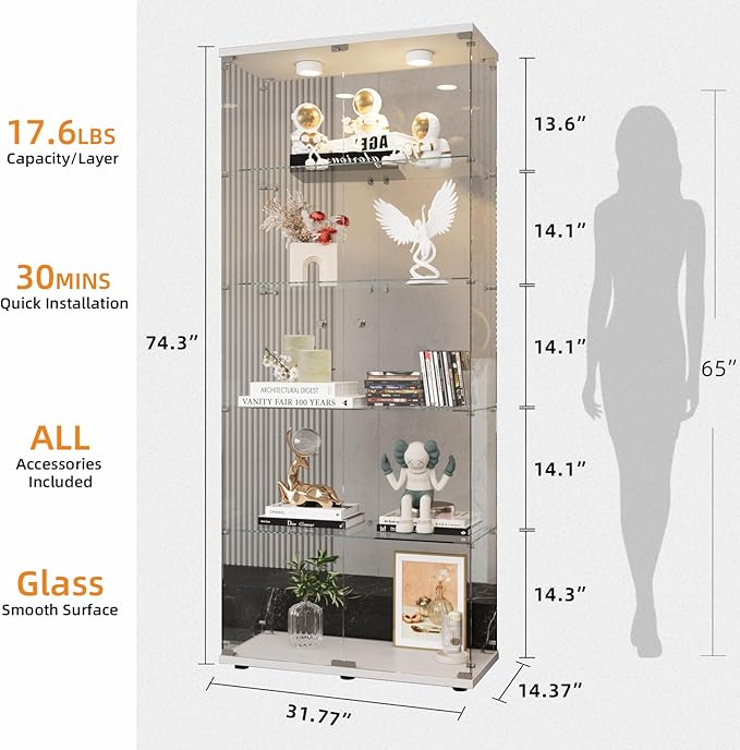LFT HUIMEI2Y Glass Display Cabinet 5-Shelf with LED Lights and Lock, 2 Door Curio Cabinets Upgraded Quick-Install Style Tempered Glass Floor Standing Bookshelf for Living Room, Bedroom, Kitchen White