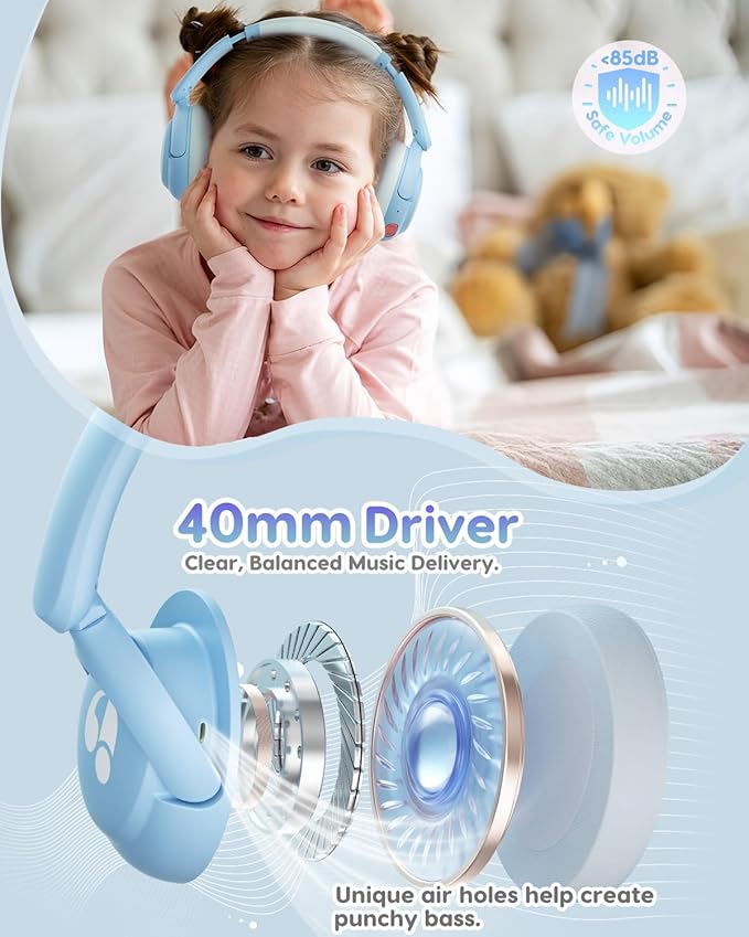 Kids Bluetooth Headphones, 85dB Volume Limiter, Foldable Wireless Over-Ear Headphones for iPad, Travel, 75H Playtime, Bluetooth 5.4, Built-in Mic, Blue