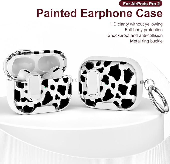 Case Compatible with AirPods Pro/Pro2,Cute Cow Print Cover for AirPods Pro 2nd/1st Gen with Built-in Phone Stand, One-Click Secure Lock & Carabinerl,Wireless Charging Keychain,Gift for Girls Women