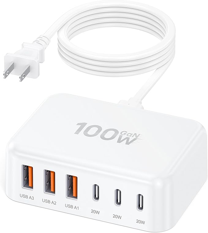 100W 6 in 1 USB Charger, 50% Smaller Charging Station for Multiple Devices