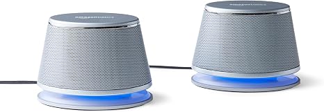 Amazon Basics Stereo 2.0 Computer Speakers with LED Lights for PC, Laptop or Desktop, Volume Control, 3.5mm Aux Input, USB-Powered, Silver, 1 Pair