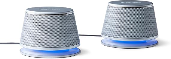 Amazon Basics Stereo 2.0 Computer Speakers with LED Lights for PC, Laptop or Desktop, Volume Control, 3.5mm Aux Input, USB-Powered, Silver, 1 Pair